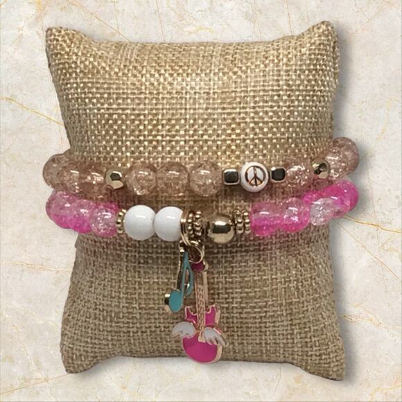 Rock Star Bracelet Set | 80s-Inspired Pink Glass Bead Stretchy Accessory - Picture 2 of 6